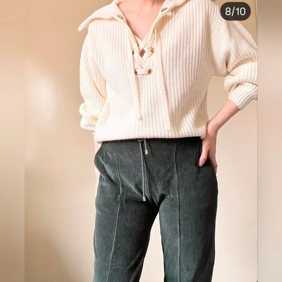 SEZANE Peter Laced Merino Blend Ribbed Flip Collar Jumper in Ecru Size S - Picture 3 of 15